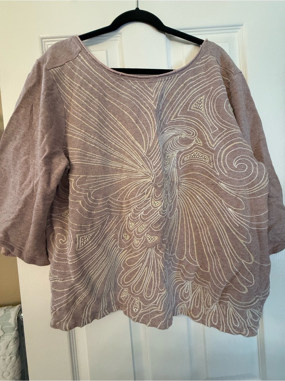 Anthropologie Alex and Ani Mauve Embroidered Peacock Sweatshirt
